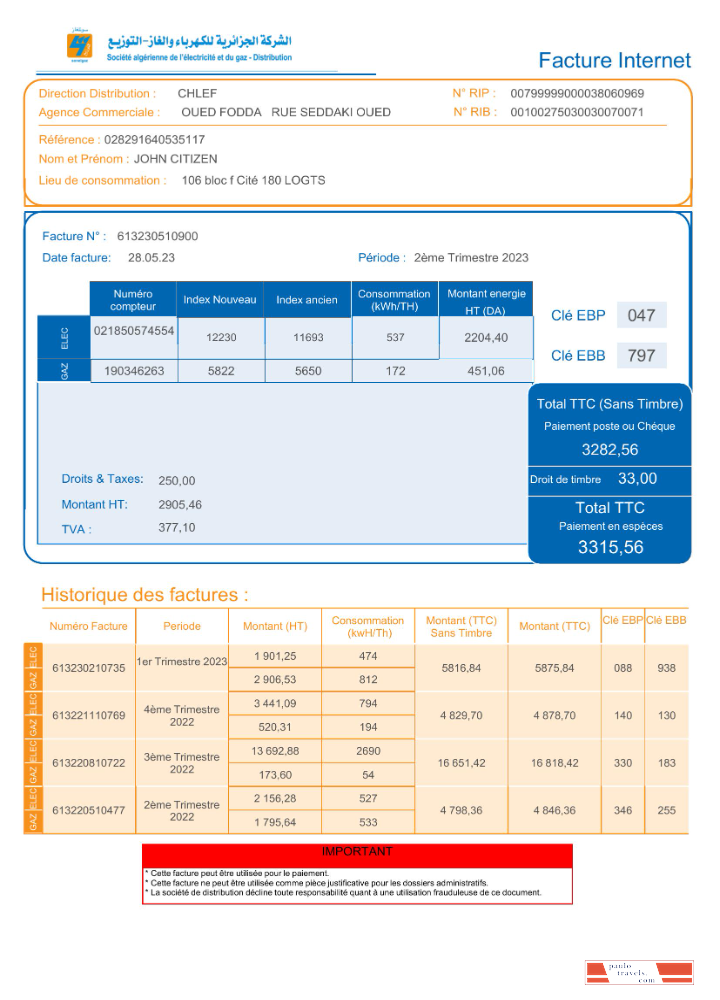 Algeria Societe Algerien Distribution internet utility bill Word and PDF template